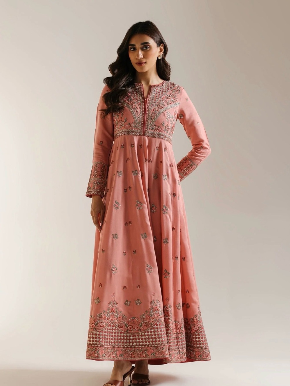 Ethnic Indian Wear Coral Pink Embroidered Maxi Dress